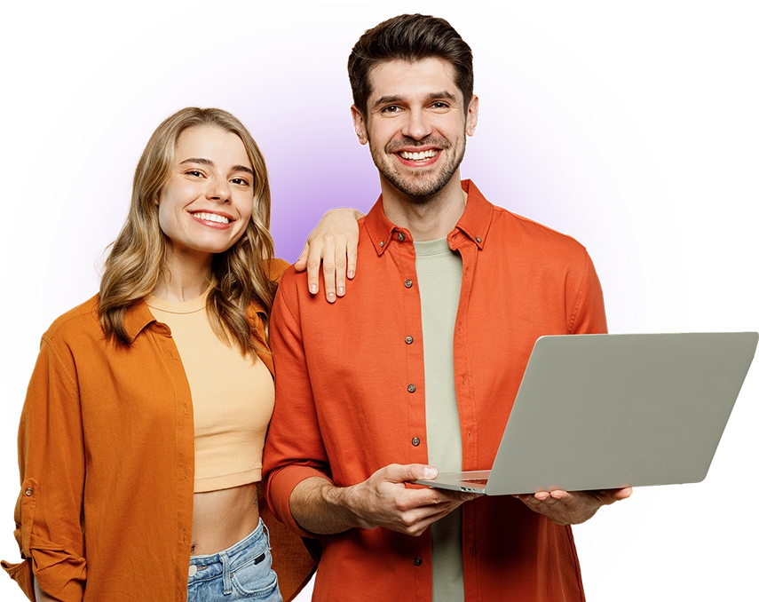 Smiling woman and man standing next to each other, wearing orange and holding a laptop