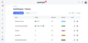 Teams aanmaken / teams overzicht in Saysimple platform